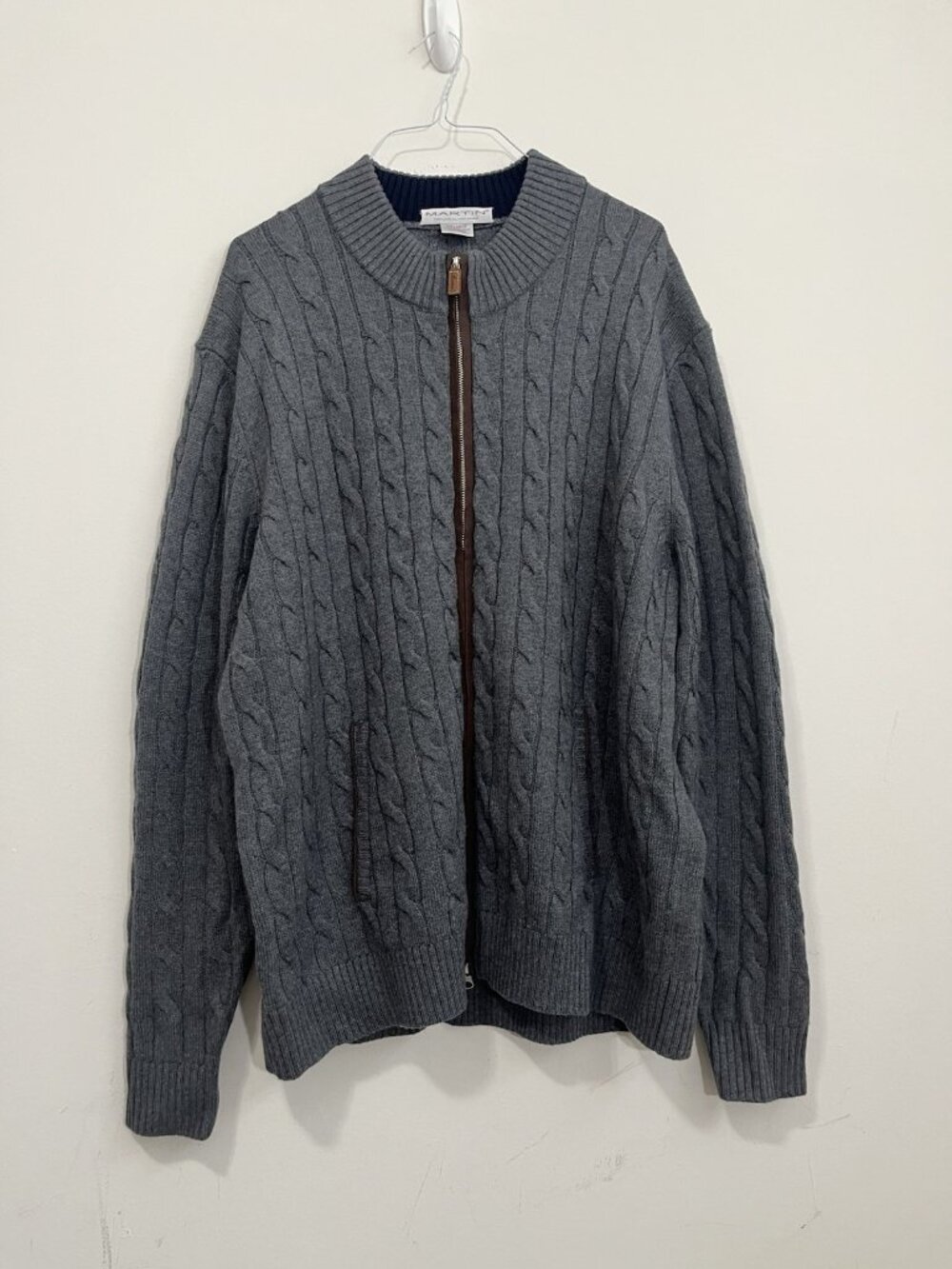 Martin 100% Merino Wool Cable Knit Cardigan Sweater Men XXL Gray Double Full Zip